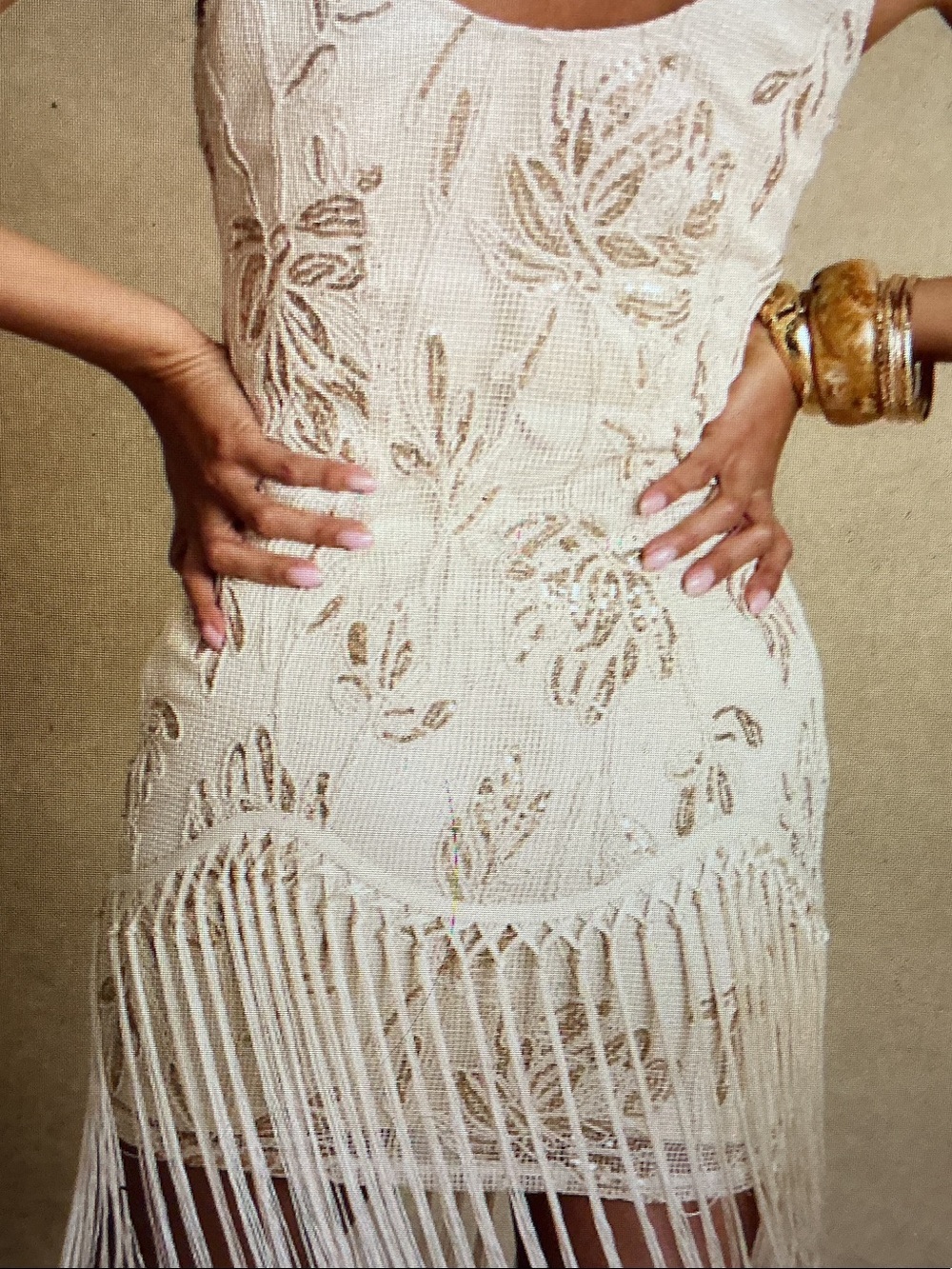 12th Tribe Cream Crochet Fringe Mini Dress